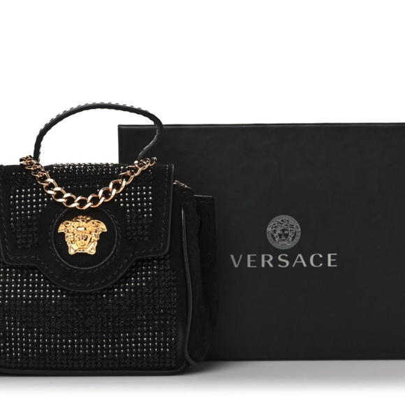 Versace Handbags - VERSACE Suede Crytstal Studded Micro La Medusa Bag Black